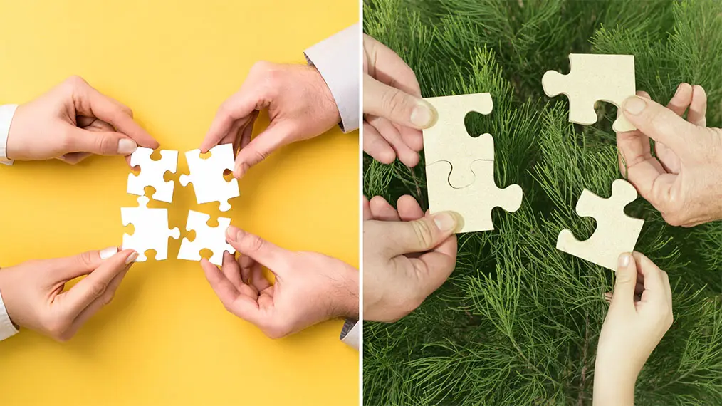 On the left, two sets of hands attempting to fit puzzle pieces together, and on the right, the puzzle pieces starting to connect, symbolizing collaboration building trust.