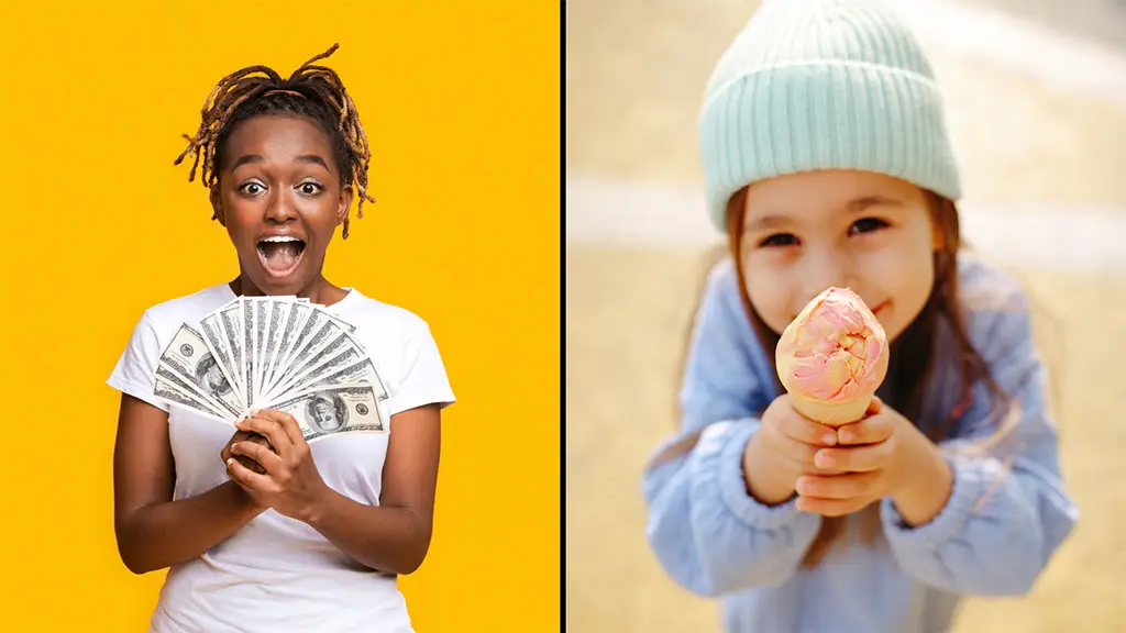 A smiling girl holding money and a happy kid enjoying an ice cream cone, symbolizing rewards and positive reinforcement for accountability